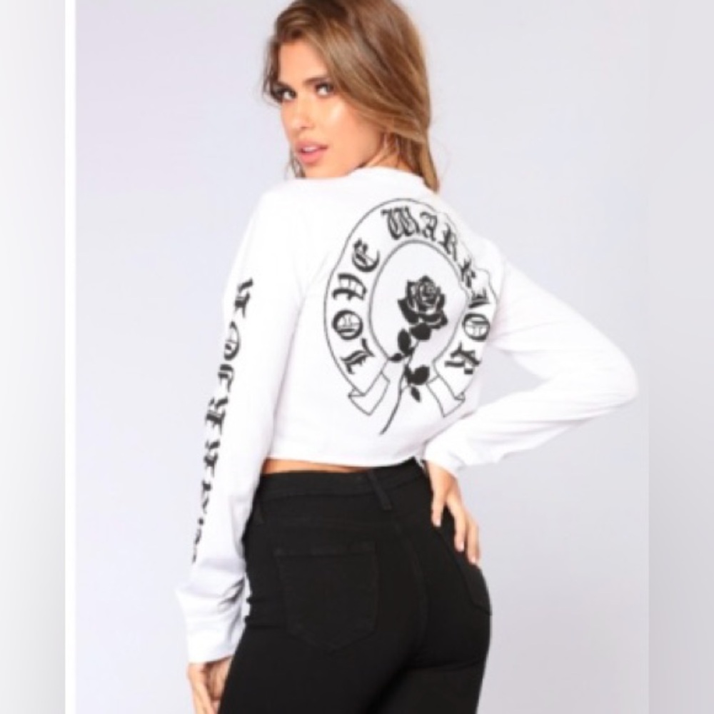 Fashion Nova White and Black Graphic Long Sleeve Top
